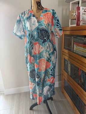 Tropical Fish Print Caftan Dress in Teal & Coral